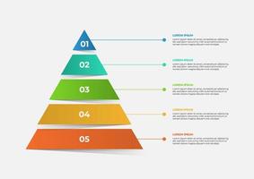 A pyramid-shaped modern timeline infographic template divided into five parts. Vector business template for presentations. Suitable for brochures, workflows, annual reports, charts, layouts