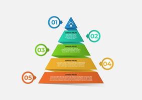 A pyramid-shaped modern timeline infographic template divided into five parts. Vector business template for presentations. Suitable for brochures, workflows, annual reports, charts, layouts