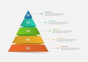 A pyramid-shaped modern timeline infographic template divided into five parts. Vector business template for presentations. Suitable for brochures, workflows, annual reports, charts, layouts