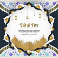 hermoso banner de tarjeta de felicitación eid al fitr y decoración de marco de flores en estilo papel y mezquita. diseño de fondo de eid mubarak con fondo arabesco azul y adornos colgantes en arte de papel vector