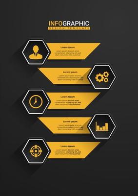 Trendy hexagonal options with icons. Creative business presentation design for infographics in 5 steps. Elegant presentation design in black and yellow. Cool graphic resource elements