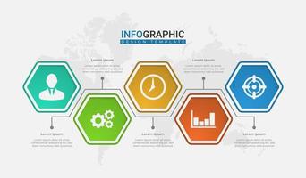 opciones hexagonales de moda. Diseño creativo de presentaciones comerciales para infografías en 5 pasos. elementos de recursos gráficos adecuados para flujo de trabajo, informe anual, gráfico, diseños, folleto, informe comercial. vector