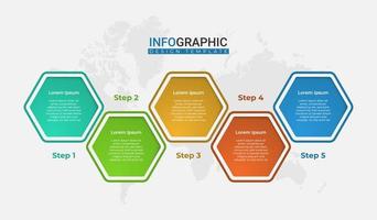 Trendy hexagonal options. Creative business presentation design for infographics in 5 steps. Graphic resource elements suitable for workflow, annual report, graph, layouts, brochure, business report. vector