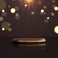 Luxurious product podium with gold embellishments and falling shining particles. Charming product podium vector