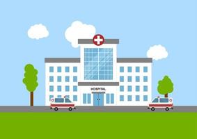 ilustración del concepto médico con edificio de hospital y ambulancia en estilo plano. adecuado para recursos infográficos. vector