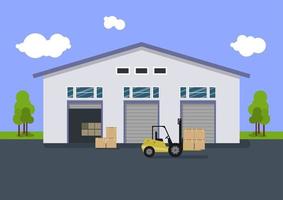 ilustración de un área de almacenamiento con un edificio de almacén y una carretilla elevadora. la ilustración plana, el diseño es adecuado para los recursos de diseño gráfico vector