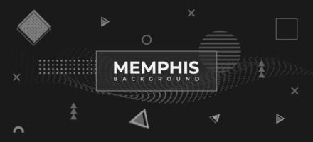 Dark Memphis background. Trendy geometric shapes and other elements. Applicable for brochure, cover, banner, web, social media post, music festival, sale banner. vector