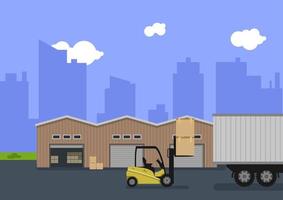 Illustration of a storage area with a warehouse building and a forklift. The flat illustration, design is suitable for graphic design resources vector