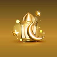 Realistic Islamic objects with bokeh particles. 3D golden lantern, crescent, and stars. Three-dimensional objects for Islamic celebration graphic resources vector