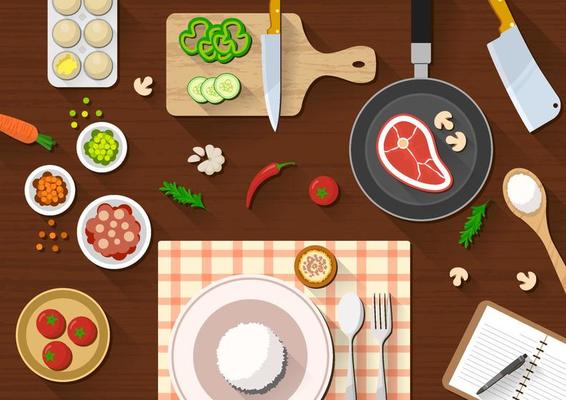 flat kitchen table for cooking suitable for banner, flyer, restaurant or cafe menu list, and more. flat design background.