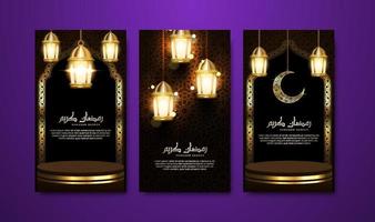 colección realista de historias de redes sociales de ramadán con caligrafía árabe, linternas y media luna. tarjeta de felicitación islámica tridimensional para publicidad, ventas, promoción y banner de redes sociales vector