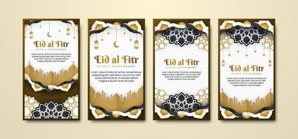 Beautiful Eid al Fitr social media stories collection in paper style with mosque and mandala flower. Eid Mubarak greeting card background with mosque, crescent, lantern, and Arabesque ornament. vector