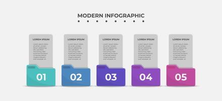 Creative presentation label design for infographics. Vertical option banner with folder in 5 steps. Graphic resource elements suitable for workflow, graph, layouts, brochure, business report vector