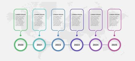 plantilla de infografía empresarial abstracta con 6 pasos en diagramas de línea de tiempo. diseño de etiquetas de presentación creativa para infografías con fondo de mapa mundial vector