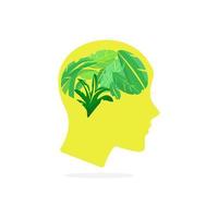 Human head with brain in shape of a green leaves, think green, save the earth - vector illustration
