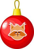 bola roja del árbol de navidad con un patrón de mapache. vector