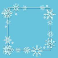 copos de nieve blancos en un marco sobre un fondo azul. vector