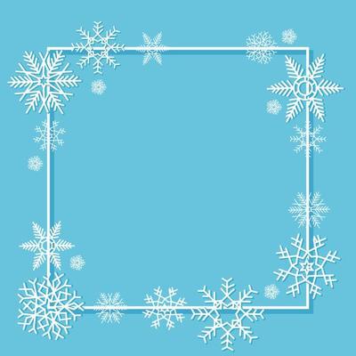 White snowflakes in a frame on a blue background.