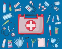 First aid kit suitcase with medical equipment. vector