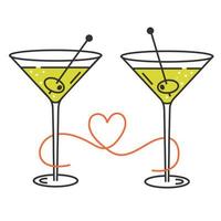 Two glasses with martini and olive. Ribbon with a heart. Vector isolated image in line art style