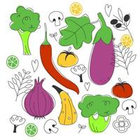 conjunto de verduras con champiñones y hierbas. la ilustración vectorial se dibuja en estilo garabato. vegetales brillantes, jugosos y maduros. adecuado para carteles, pegatinas, menús y más. vector