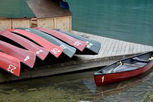 red rental canoes lined up on a dock photo