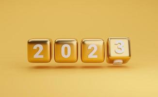 golden cube flipping change 2022 to 2023 on yellow background for preparation happy new year , merry Christmas and start new business concept by realistic 3d render. photo