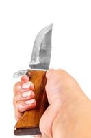 Steel knife with a wooden handle in a female hand