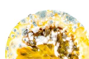 Half passion fruit with mold on a white background photo