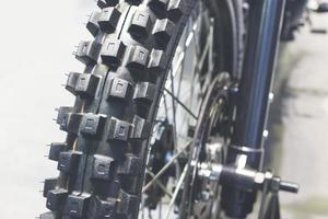 close up of motorcycle wheel, focus tyre photo