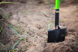 Shovel is inserted into the ground for planting in the spring. Springtime, garden plants, working on a plot of land, landscaping, gardening, growing flowers, fruit crops in the garden. Copy space photo