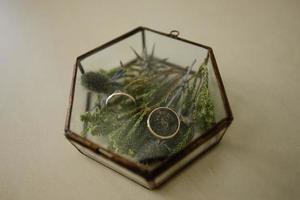 close up view of white flowers, wedding rings in rustic box with plants inside photo