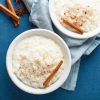 Rice pudding. French milk rice dessert. Healthy Vegan diet. Top view, close up, macro photo