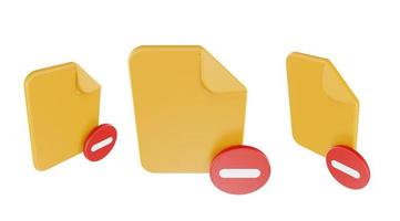 Icono de resta de archivo de procesamiento 3d con papel de archivo naranja y resta roja foto