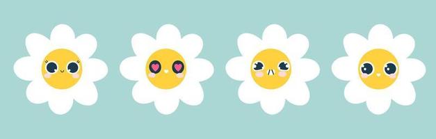 A set of cute smiling daisy flowers. Chamomile with happy emotions.