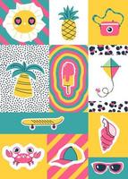 Funny summer characters and objects. Abstract background. Vector illustration of the poster. Modern trendy background in doodle style