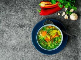 Healthy spring vegetable dietary vegetarian soup, gray dark concrete background, top view, close up, copy space photo