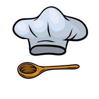 Chef hat. Vector Wooden spoon. Cook white Clothes.