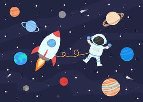 Astronaut in a spacesuit next to a rocket, against the background of the starry sky and the planets of the solar system. vector
