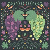 Bunches of grapes, on a dark background with floral elements, flowers, leaves and moths. vector