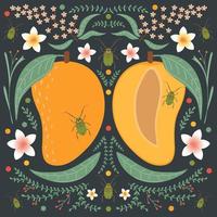 Mango on a dark background with floral elements, flowers, leaves and green beetles. vector