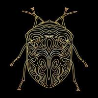 A golden beetle in a linear style. Linear vector illustration