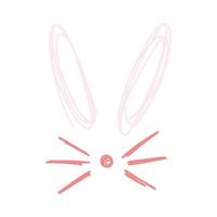 Lindas orejas de conejo, nariz y bigote en estilo plano de dibujos animados infantiles dibujados a mano aislados en fondo blanco. personaje de conejo de pascua para impresión, diseño infantil. ilustración vectorial del hocico animal dulce. vector