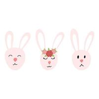 Set of cute bunny faces in cartoon flat style isolated on white background. Easter rabbit character for print, kids design. Vector illustration of sweet animal snout.