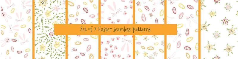 Set of seamless patterns with Easter egg, bunny, flowers in hand drawn cartoon childish style. Colorful vector illustration of spring holiday background.