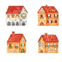 acogedoras casas de acuarela de dibujos animados dibujadas a mano de la ciudad en la playa de arena. edificios y un castillo con una torre y un reloj en la orilla. ilustración de paisaje, naturaleza, vacaciones de verano vector