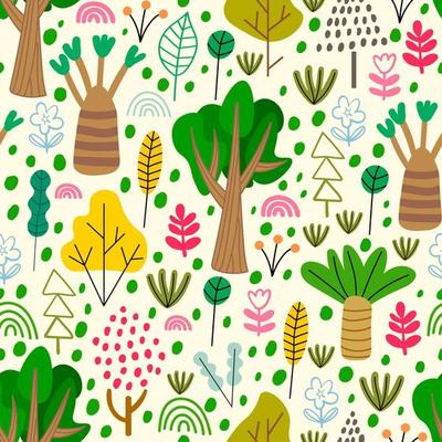 Cartoon doodle forest seamless pattern. Trees, bushes, leaves, flowers in Scandinavian childlike style background.