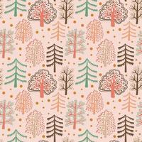 Cute forest seamless pattern with cartoon summer trees and dots in flat doodle style. Woodland background. vector
