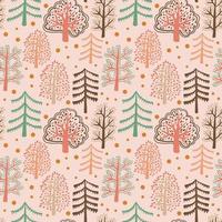 Cute forest seamless pattern with cartoon summer trees and dots in flat doodle style. Woodland background. vector