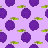 Cartoon doodle linear plum with leaf seamless pattern. Fruit background. vector
